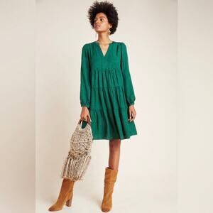 Anthropologie Maeve Green Amber Tiered Long Sleeve Babydoll Mini Dress Sz.XS